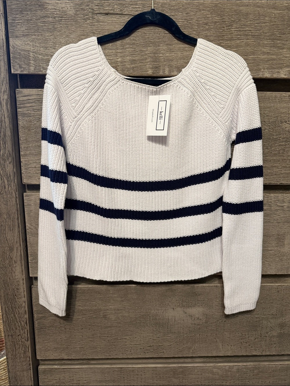 Stateside White Sweater with Navy Stripes